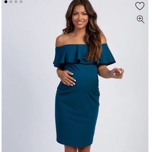 Teal Off-Shoulder Maternity Dress by Pink Blush - Large